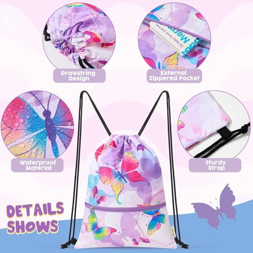 Kids Drawstring Backpack with Zipper Pocket - WAWSAM Gym/Swim Cinch Bag, Butterfly Variation