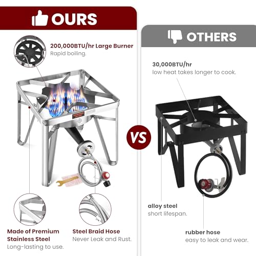 Stainless Steel 200,000 BTU Propane Burner with Regulator - Outdoor Gas Stove