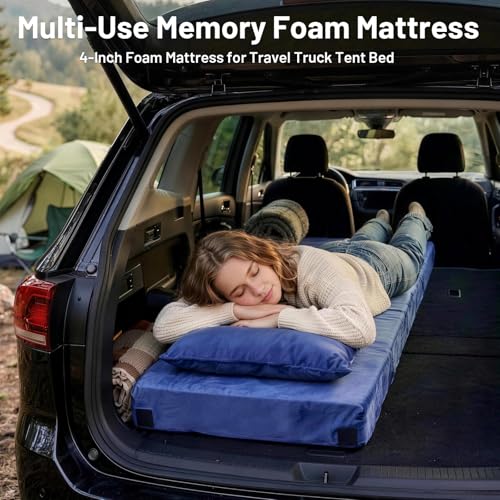 Navy Blue 4-Inch Memory Foam Camping Mattress with Pillow - Small Single 72x24x4"