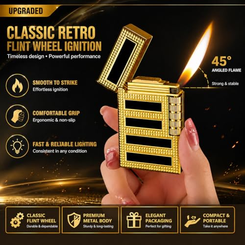 VelTora Gold Refillable Butane Lighter Soft Flame Metal Design Angled Flame