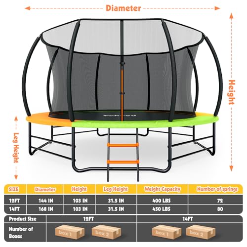 Yohood 14FT Outdoor Trampoline with Enclosure, Stabilizer Bars & Galvanized Frame