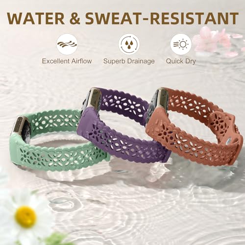 Maledan Floral Lace Silicone Sport Watch Band for Fitbit Charge 5/6 - Green/Purple/Brown, 5.5-8.2 Inch Wrist