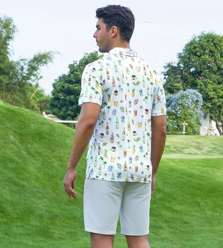 Men's Hawaiian Golf Shirt Moisture-Wicking Digital Print Polo Large White Beer