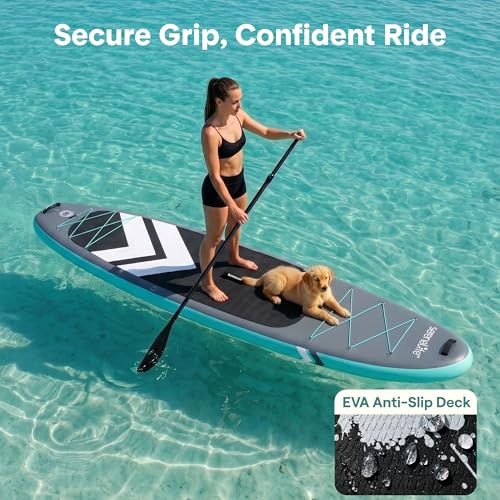 SereneLife 10’ Inflatable SUP Board - Gray, Wide Stable Design, Complete Kit for Water Sports