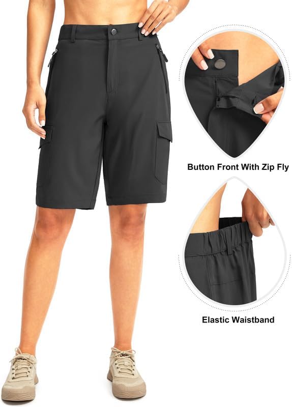 Skiennix Women's Hiking Golf Shorts - Lightweight Quick-Dry Cargo Bermuda with 5 Pockets, Knee Length
