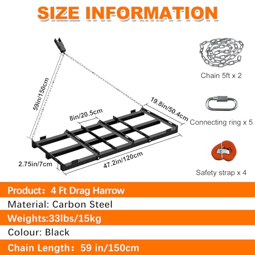 Black 4Ft Heavy Duty Drag Harrow for Gravel Soil Lawn Driveway Leveling