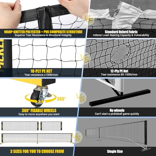 Portable Pickleball Net Set with Wheels - 22 FT & Half Court 11 FT - Black & Yellow, 3-in-1