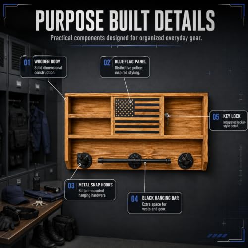 GUTE Police Wall Mounted Tactical Gear Rack with Blue American Flag & Lock - Law Enforcement Organizer