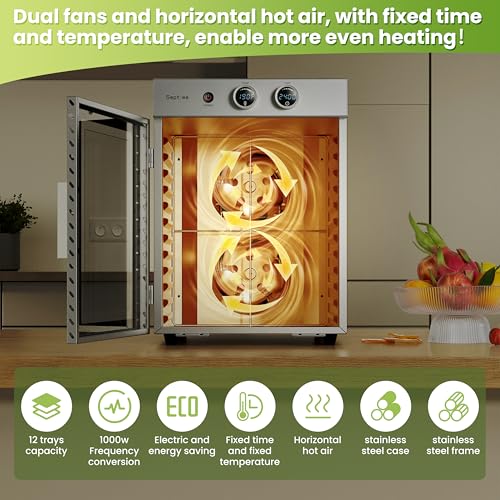 Septree Ancient Silver Food Dehydrator with 12 Stainless Steel Trays, Adjustable Temp & Timer