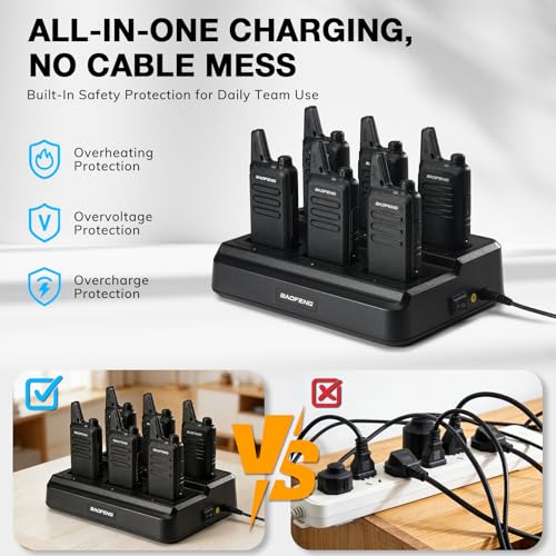 BAOFENG T22 Walkie Talkies 22 Channels 6-Pack + 6-Way USB-C Charger for Adults