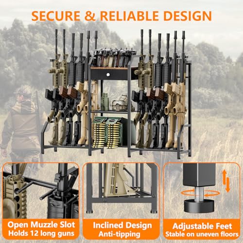 EnigmaSoul 12-Gun Double-Sided Tactical Indoor Gun Rack with Storage Drawer, Heavy Duty Metal Floor Stand for Rifles & Handguns