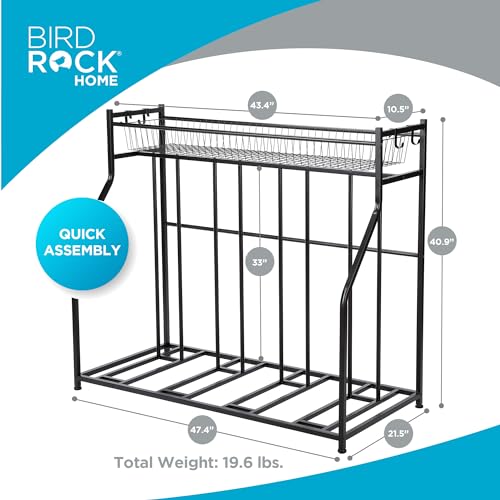 Birdrock Home 4 Bike Stand Garage Storage with Gear Basket & Hooks - Freestanding Bike Rack