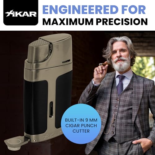 Refillable Double Jet Flame Cigar Lighter with 9mm Punch & Adjustable Flame - Black with Gunmetal