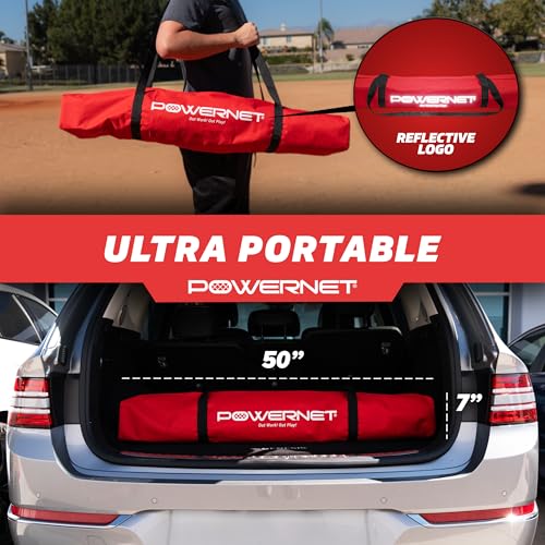 PowerNet Red Triple Threat Baseball & Softball Training Net - 3 Station Batting, Pitching & Hitting Practice, 7' x 7' Collapsible Net