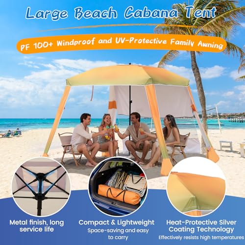 CAtArt Yellow Beach Cabana 7.2x7.2FT with Privacy Curtains for Family & Sun Protection