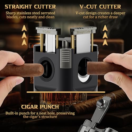 Black 8-in-1 Desktop Cigar Lighter Kit with Torch, Cutter, Punch & Ashtrays