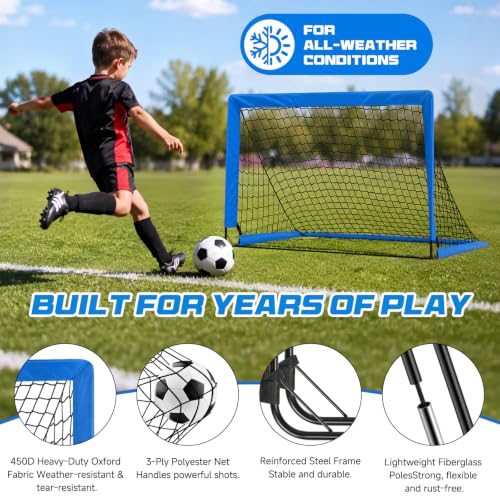 Blue Soccer Goals 6x4 FT Portable Kids Soccer Goal Set with Accessories - 2 Pack