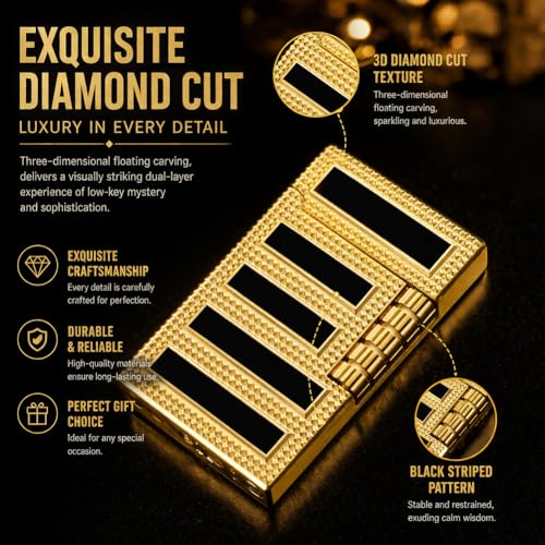 VelTora Gold Refillable Butane Lighter Soft Flame Metal Design Angled Flame