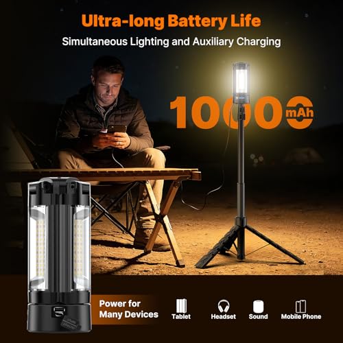 OGERY Black Camping Lights with Stand & Remote, 10000mAh Rechargeable Work Light