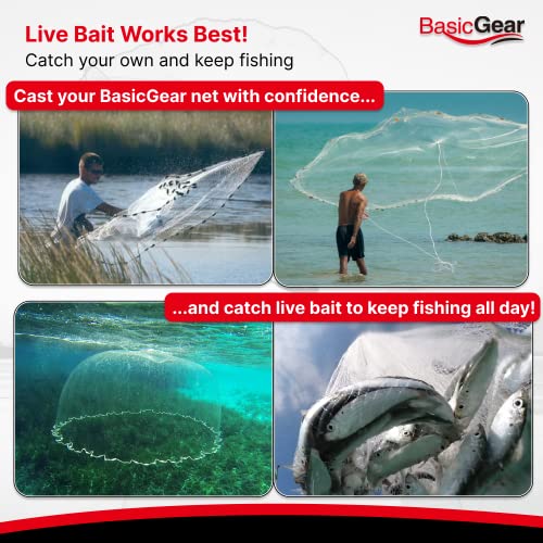 BasicGear 12ft Radius Cast Net with Protected Weights, 3/8" Mesh, Durable Bait Net