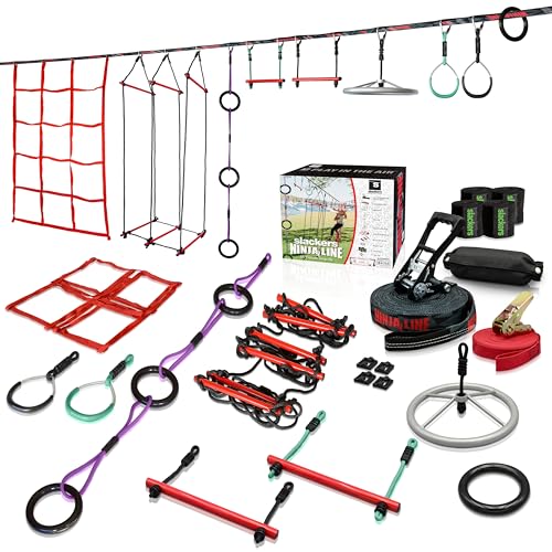 Slackers Deluxe Ninjaline Kit 56 ft with 9 Obstacles - Outdoor Ninja Warrior Equipment for Kids