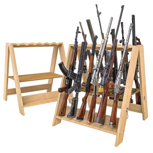 12-Slot Wooden Folding Gun Rack Stand with Accessory Storage - Portable & Durable