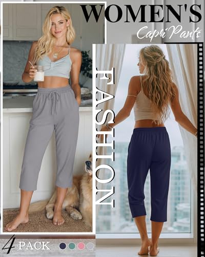 Neer Women's Capri Pants with Pockets - 4 Pack, Dark Blue, Gray Green, Pink, Gray, Large