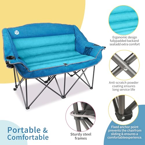 Oversized Double Camping Chair with Cup Holders & Carry Bag - Blue - Supports 600lbs - Fully Padded Loveseat - Heavy Duty Folding Duo Seat Variation L