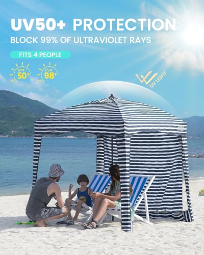 Qipi Beach Cabana Tent with Side Wall & Sandbags - 6' x 6' UV50+ Sun Shelter for Family