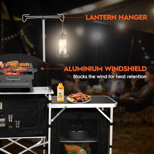 Camping Kitchen Table with Storage & Windshield - Black, Foldable Aluminum