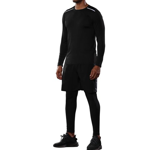 BUYJYA 5Pcs Men's T Shirts Workout Long Sleeve Athletic Zip Pocket Shorts Jackets Compression Pants Gym Clothes Running Basketball Football Gear