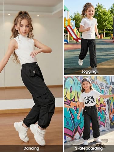 Girls' Cargo Pants Y2K Baggy Joggers with Elastic Waist 11-12 Years Black