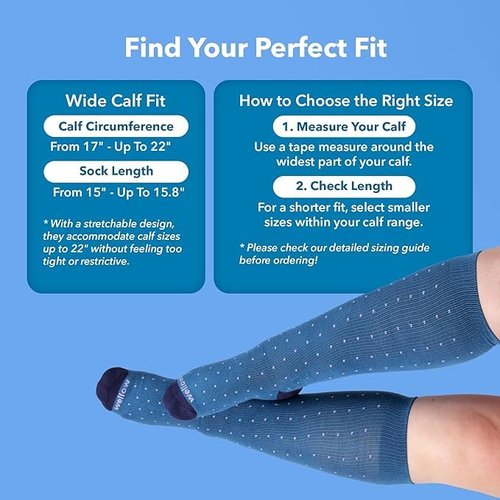 Wellow Wide Calf Compression Socks for Men & Women, 18-25 mmHg Made with Viscose from Bamboo, Nurses & Pregnancy Support, Relieves Swelling, Knee High, LW, Cobalt Dot Wide Calf