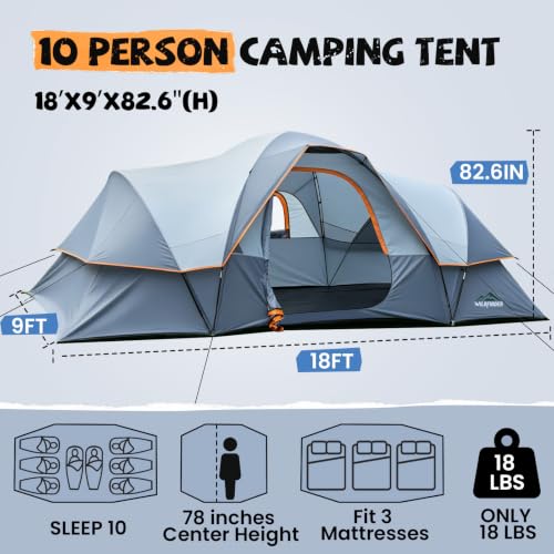 Large 10-Person Family Camping Tent with Rainfly & Mesh Windows