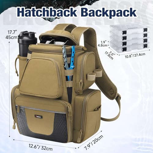 Piscifun Fishing Tackle Backpack with 2 Rod Holders, 4 Boxes & Rain Cover - Khaki