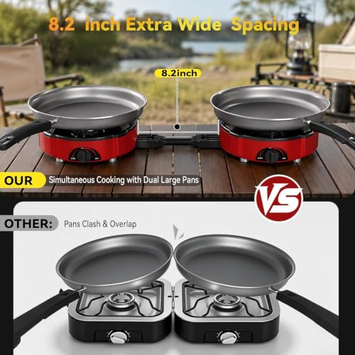 VELUVIA Light Red 2 Burner Propane Camping Stove with Windshield & Carry Bag