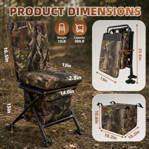 FUNHORUN Camouflage Hunting Chair with 360° Swivel & Storage Bag - Stable & Portable Seat for Hunting