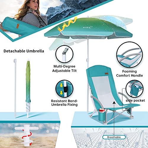 Nice C 2 Pack Blue Low Beach Chairs with Umbrella & Cooler Bag