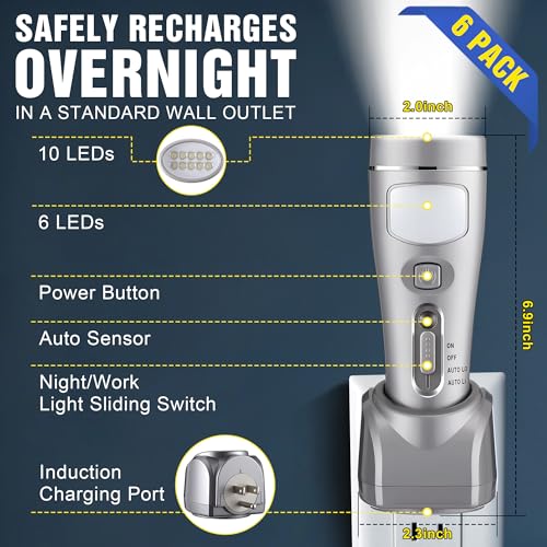 6 Pack Rechargeable Emergency Night Lights with Auto On Power Outage - Silver, Model 6