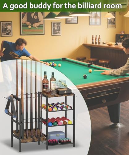 Pool Stick Holder for 10 Cues Floor Stand with 4-Tier Storage Shelf - Black - Variation of THIS listing