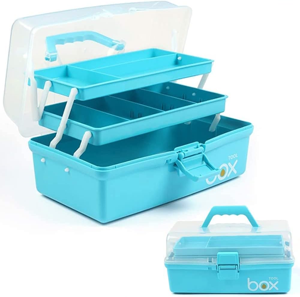 Skiennix 12-Inch 3-Layer Craft Organizer - Portable Tackle Box with Adjustable Dividers | Blue