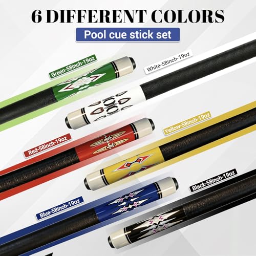 HMQQ 58 Inch Pool Cue Sticks Set of 6 - 20 oz 2-Piece Billiard Cues with Patterned Design
