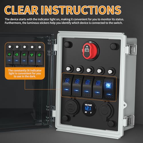 Joinfworld Waterproof 12V 5-Gang Rocker Switch Panel with USB & Volt Meter