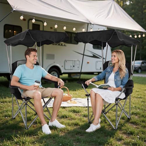 Northroad 2 Pack Black Folding Camping Chairs with Canopy & Cup Holders