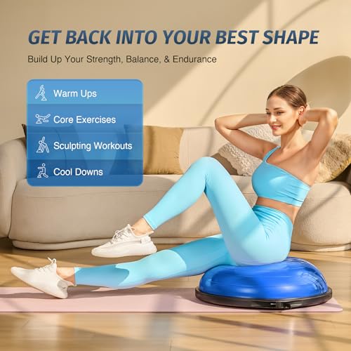 Blue 25-Inch Inflatable Balance Ball with Wobble Board, Resistance Bands & Pump