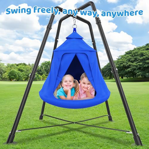 Blue Kid Tent Swing Set with Hammock Chair and X-Shaped Stand - Supports 330 lbs