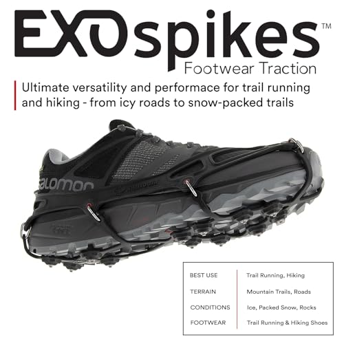 Winter Shoe Traction Devices - EXOspikes for Ice & Snow Hiking, Running, Rocky Terrain - Large Black