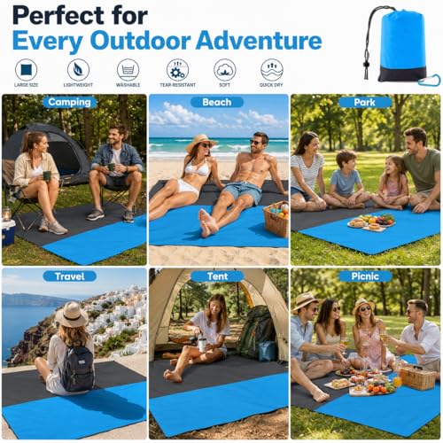 Aqua Blue Sandproof Waterproof Beach Blanket - Extra Large 79 x 55 Inch Outdoor Mat for Travel Camping Hiking