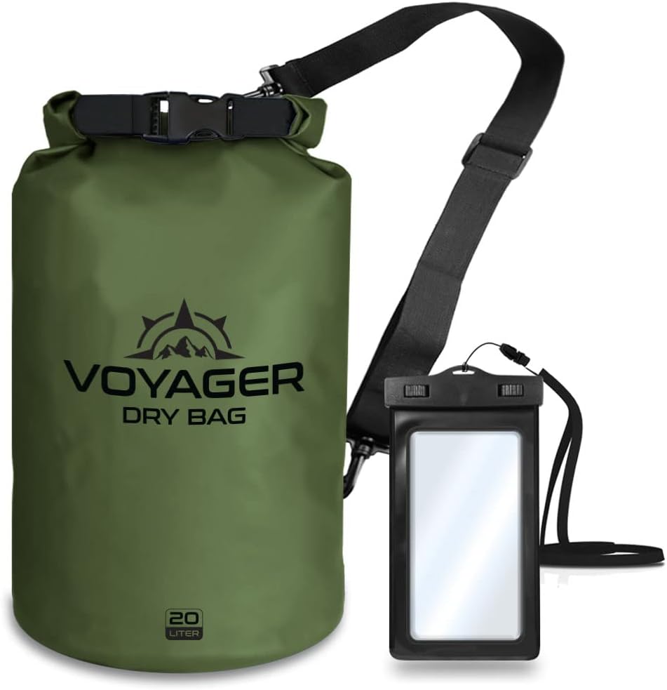 Voyager Waterproof Dry Bag - Heavy Duty Roll Top Sack with IPX8 Phone Case | 20L, Green for Kayaking & Camping