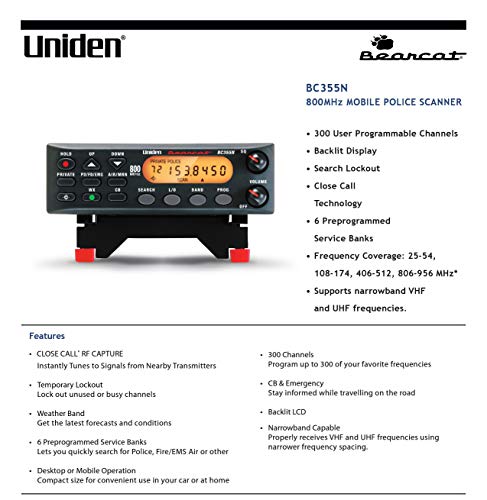Uniden BC355N 300-Channel Analog Scanner - One Size, Close Call Capture, NOAA Weather, Aviation & Marine